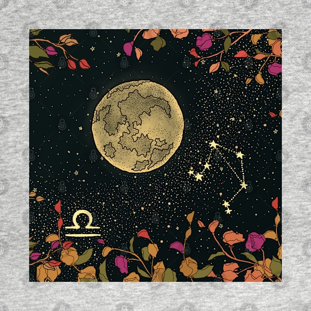 Libra Zodiac Flower Moon Night Sky by Sierraillustration